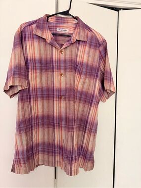 Silk blend Tommy Bahama Purple Plaid Short-Sleeve Camp Shirt